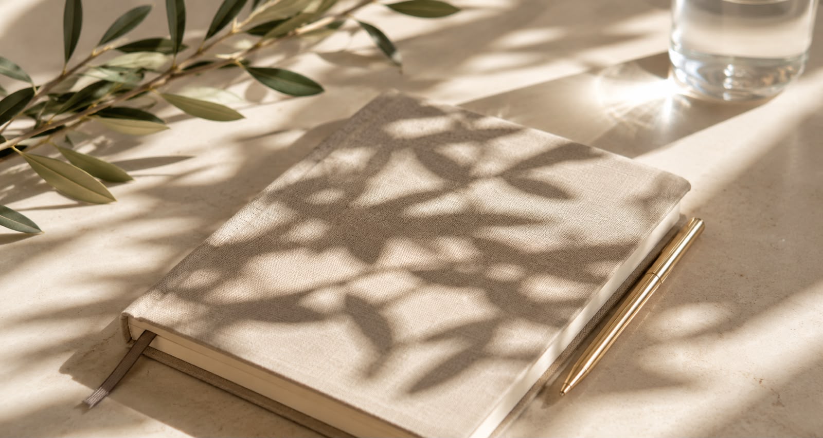 Caderno e caneta dourada com sombras de folhas — psicologia
